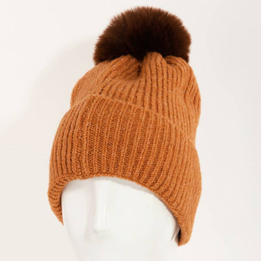 Rust Pom Ribbed Extra Soft Beanie