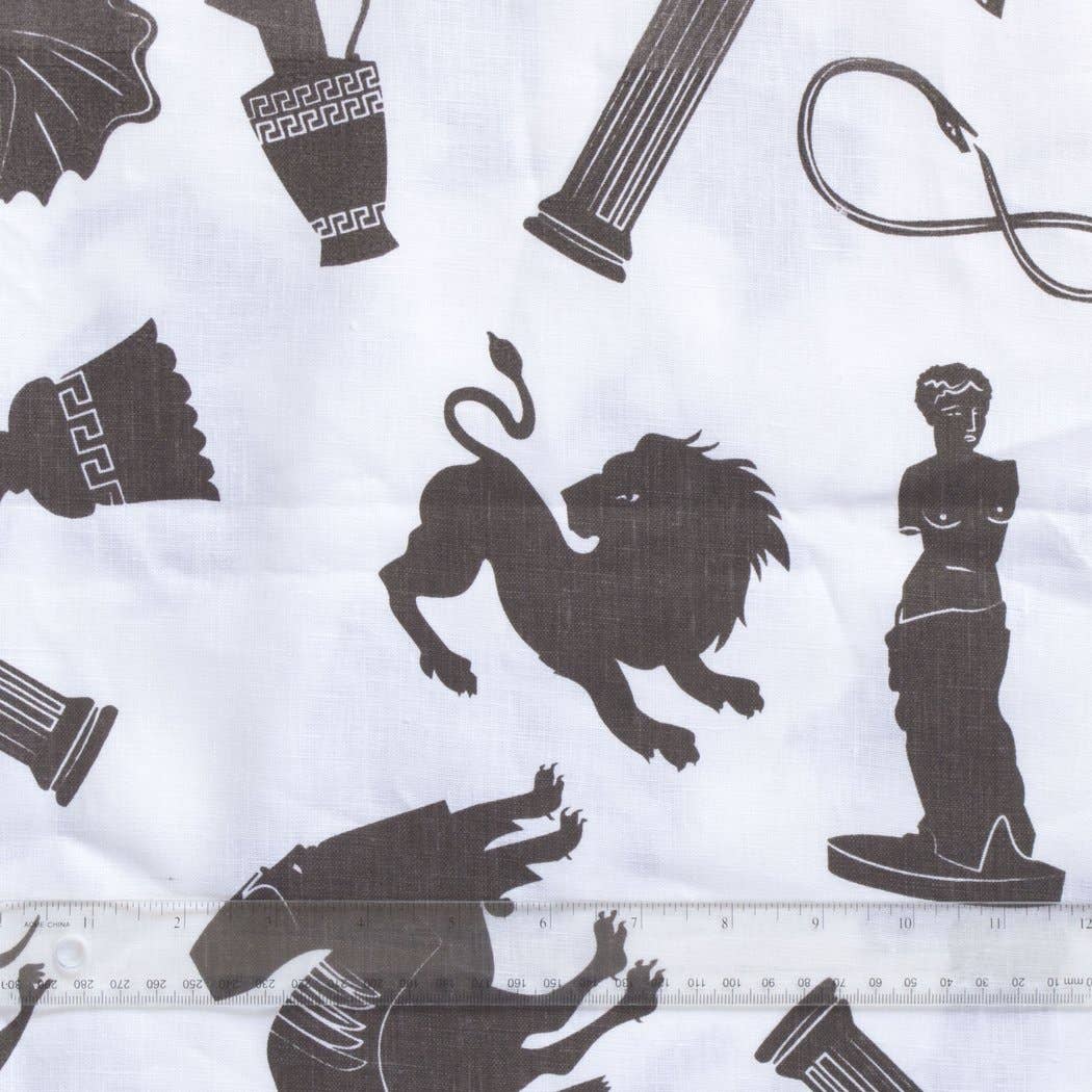 Linen Tea Towel - Screen Printed Ancients - Chocolate Brown On White