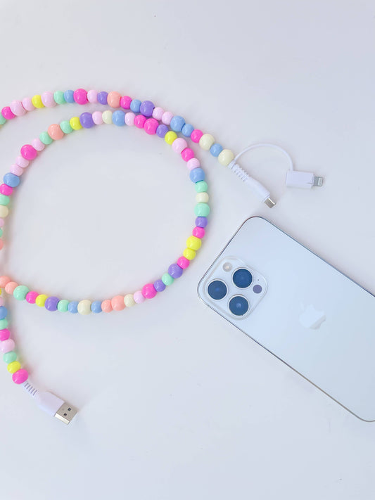 6ft Beaded Phone Charger USB-A & Dual USB-C Lightning Cable: Pastel rainbow
