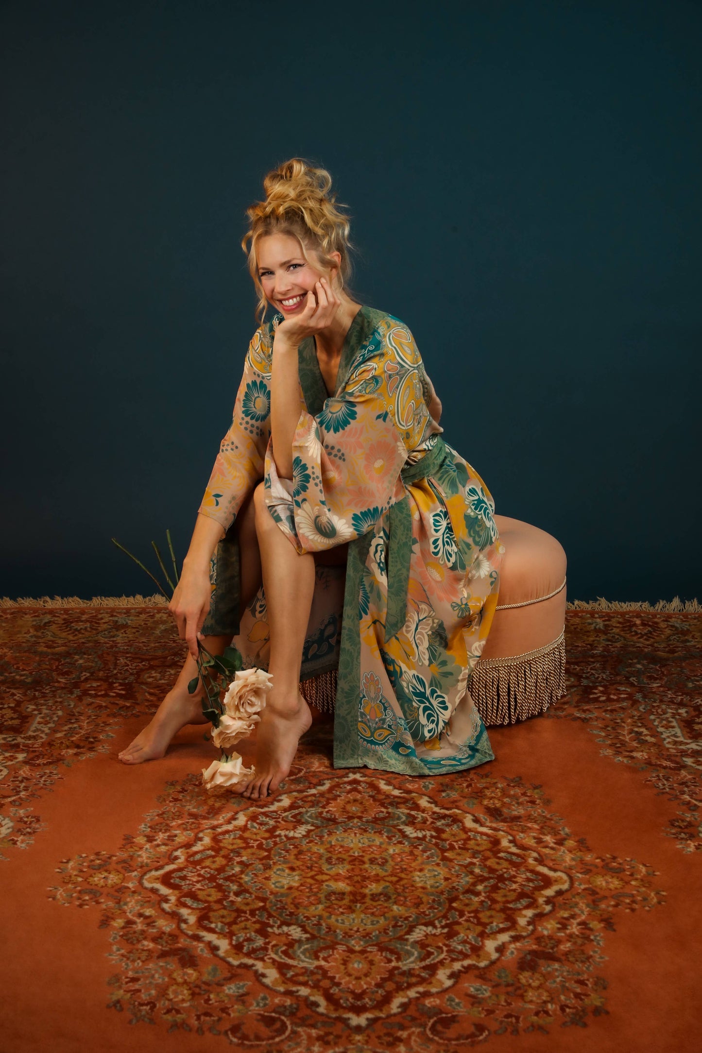 Luxe Folk Art Floral Kimono Gown - Petal
