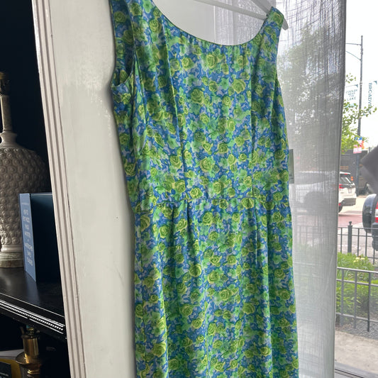Late 50s Handmade Silk Green Floral Wiggle Long Dress