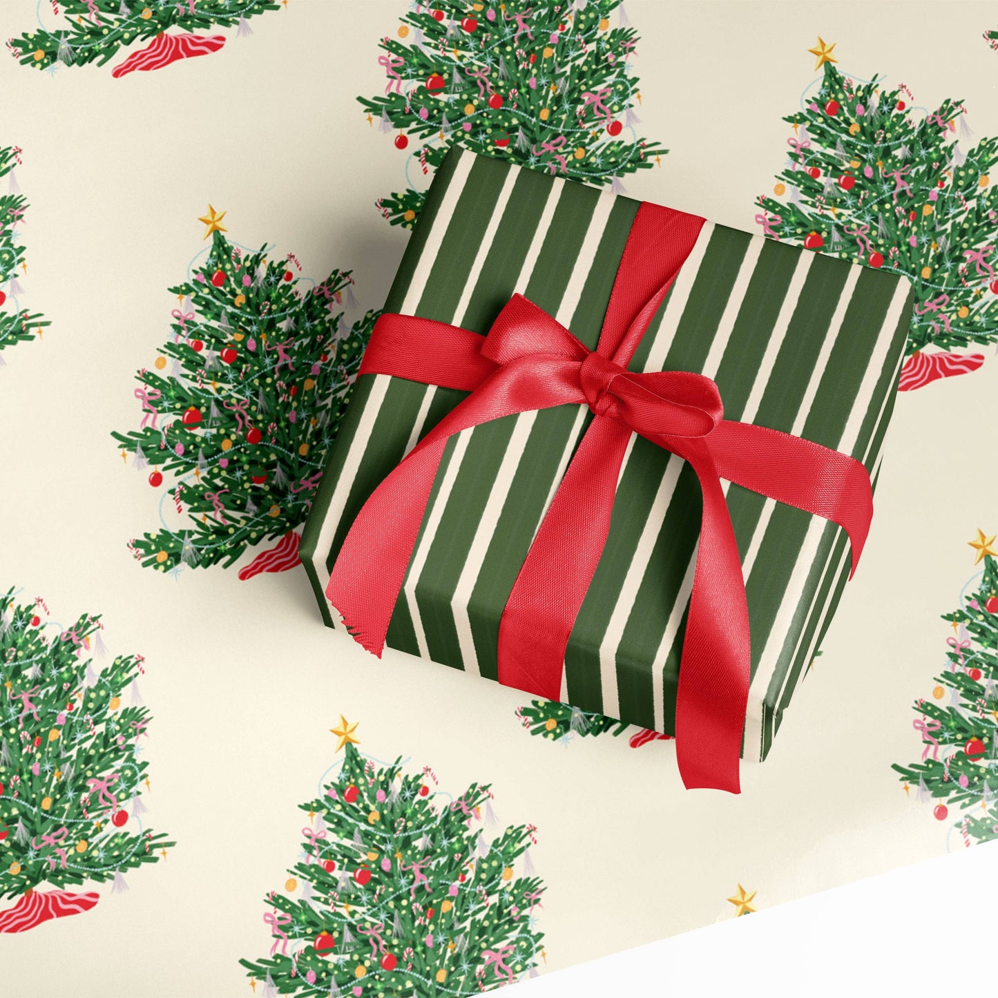 Christmas Tree and Rustic Striped Double Sided Gift Wrap | Set of Three Sheets