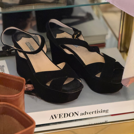 Prada Calzature Donna Black Velvet Platform Sandal