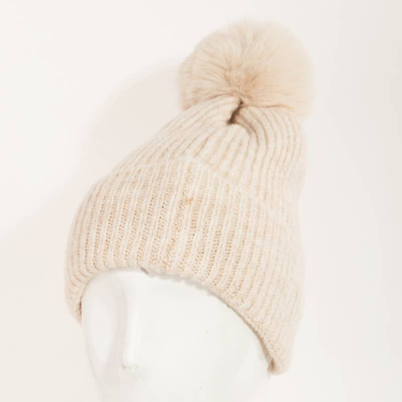 Ivory Pom Ribbed Extra Soft Beanie