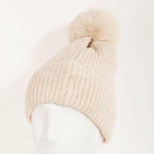 Ivory Pom Ribbed Extra Soft Beanie