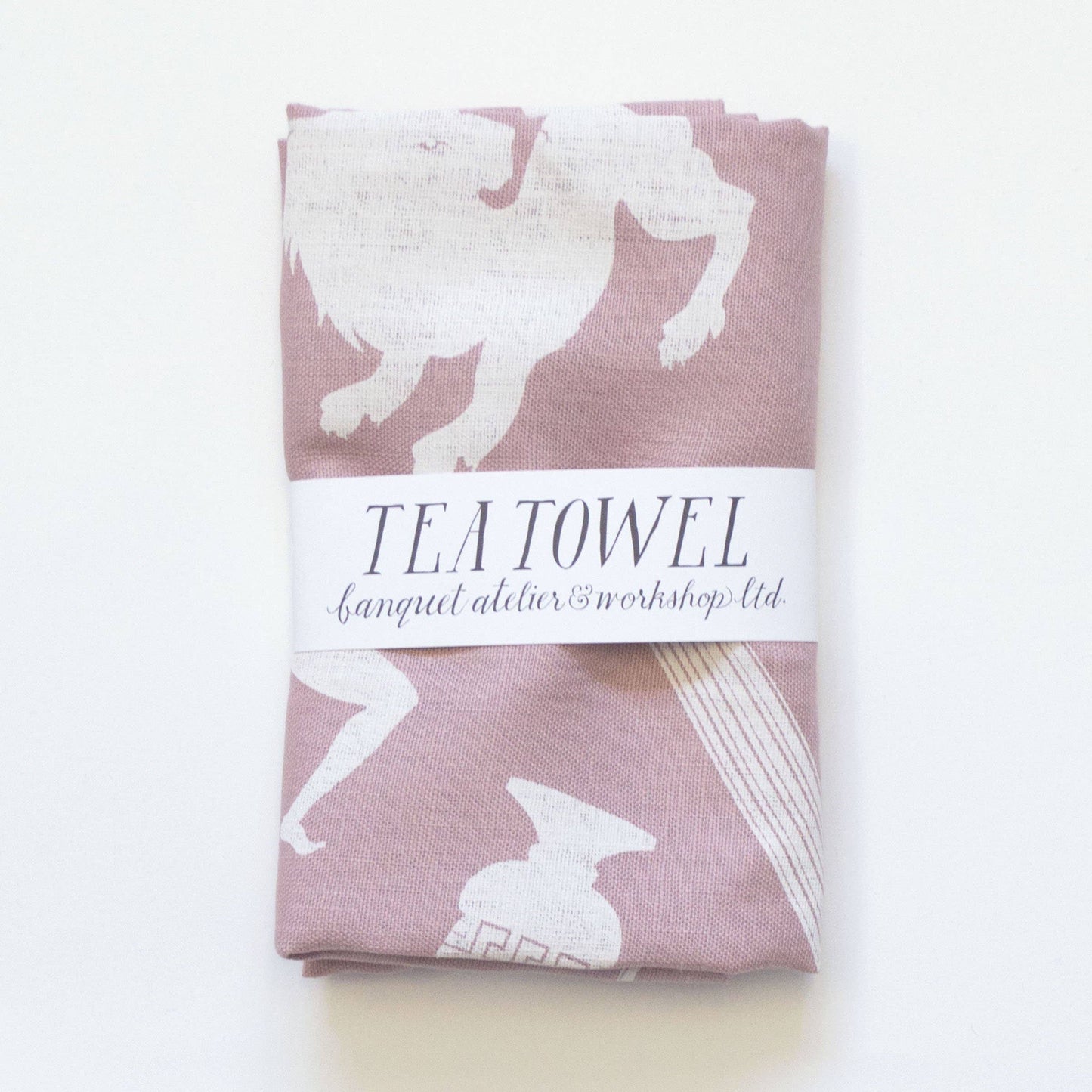 Linen Tea Towel - screen printed ancients - White on pale pastel pink