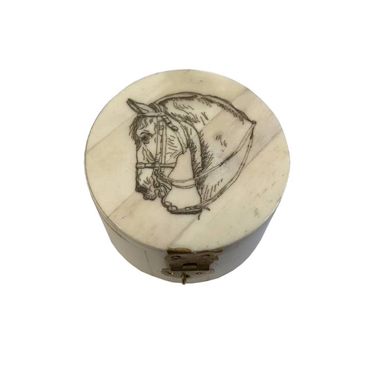 Horse Head Design Round Jewelry Trinket Bone Box