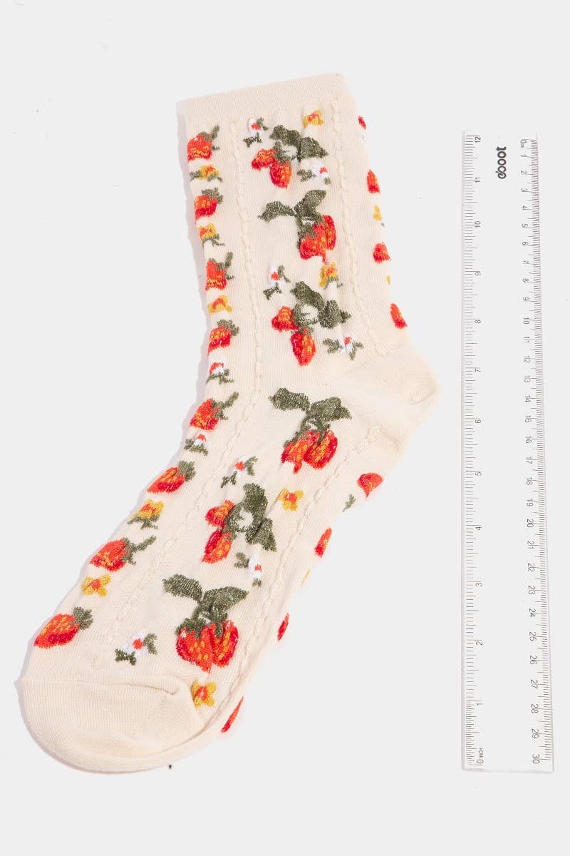 Strawberries And Flowers Embroidered Beige Socks