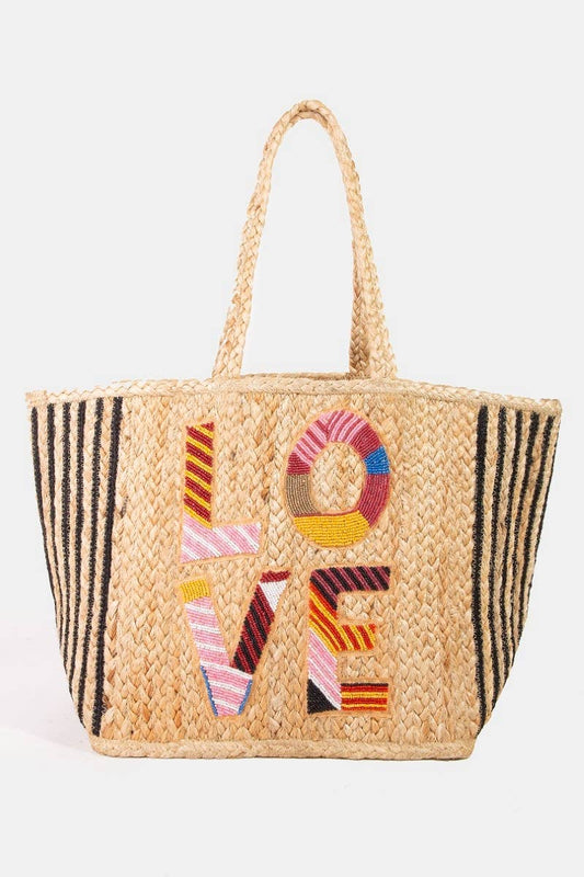 Vibrant Seed Beaded Love Jute Tote Bag: MULTI