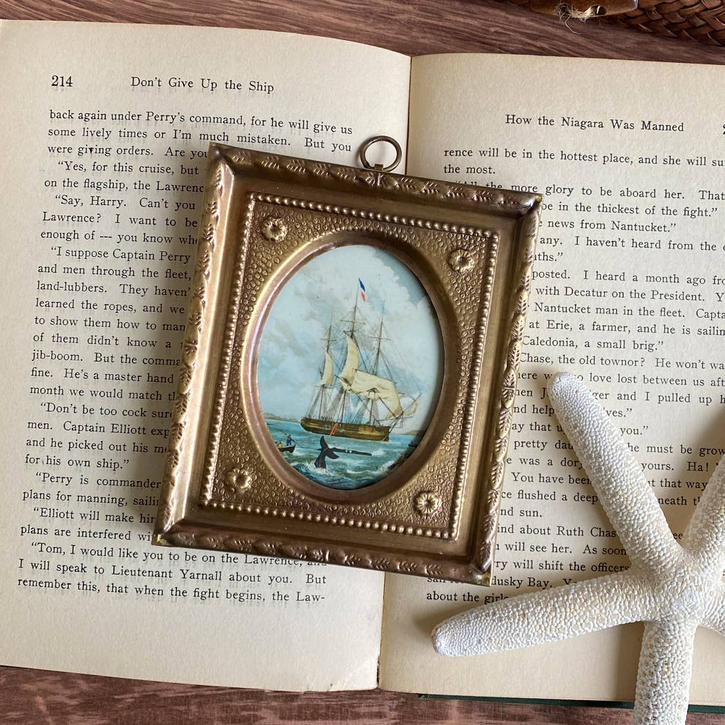 Whaling Ship Vintage Print in Embossed Brass Frame