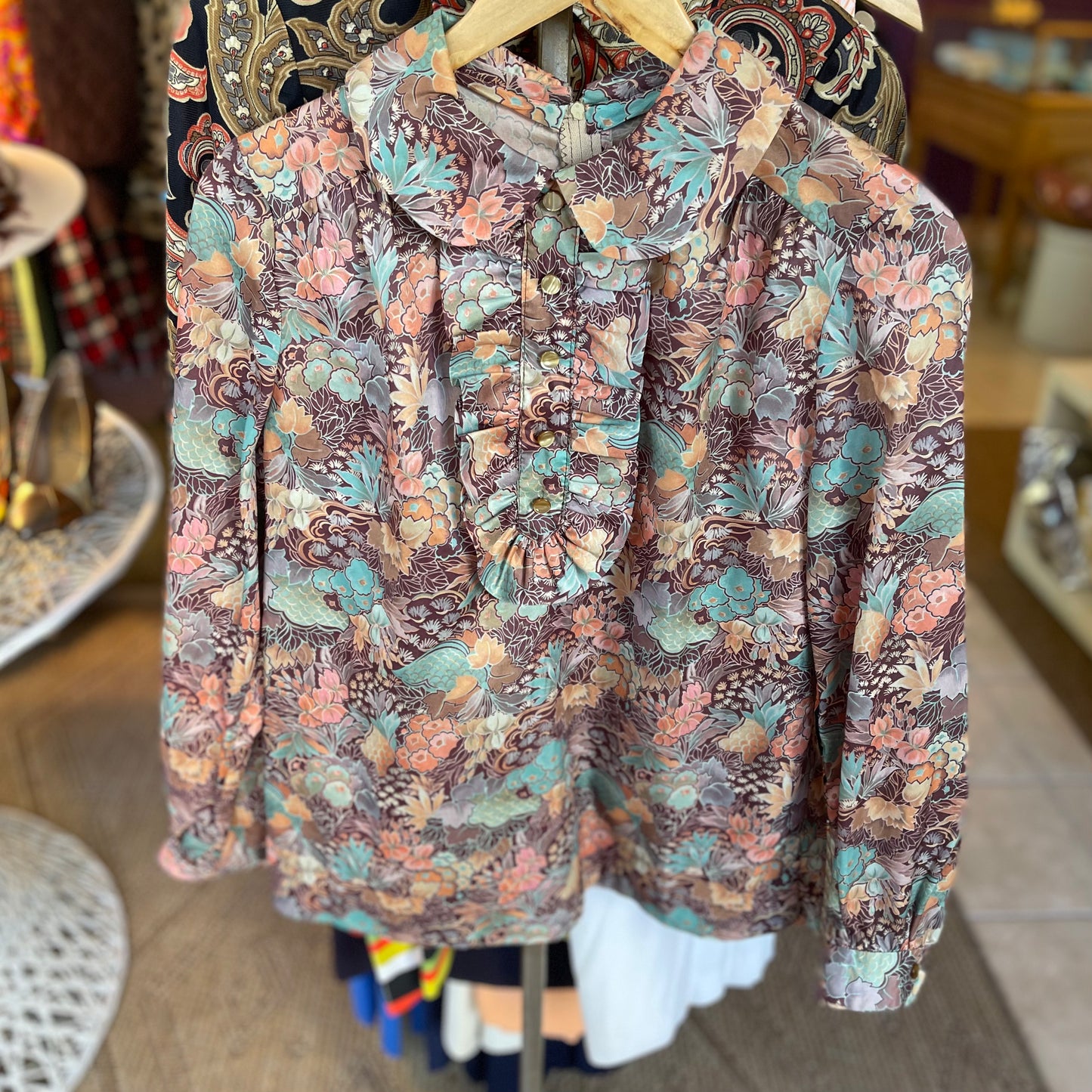 70s Floral Brown Blouse