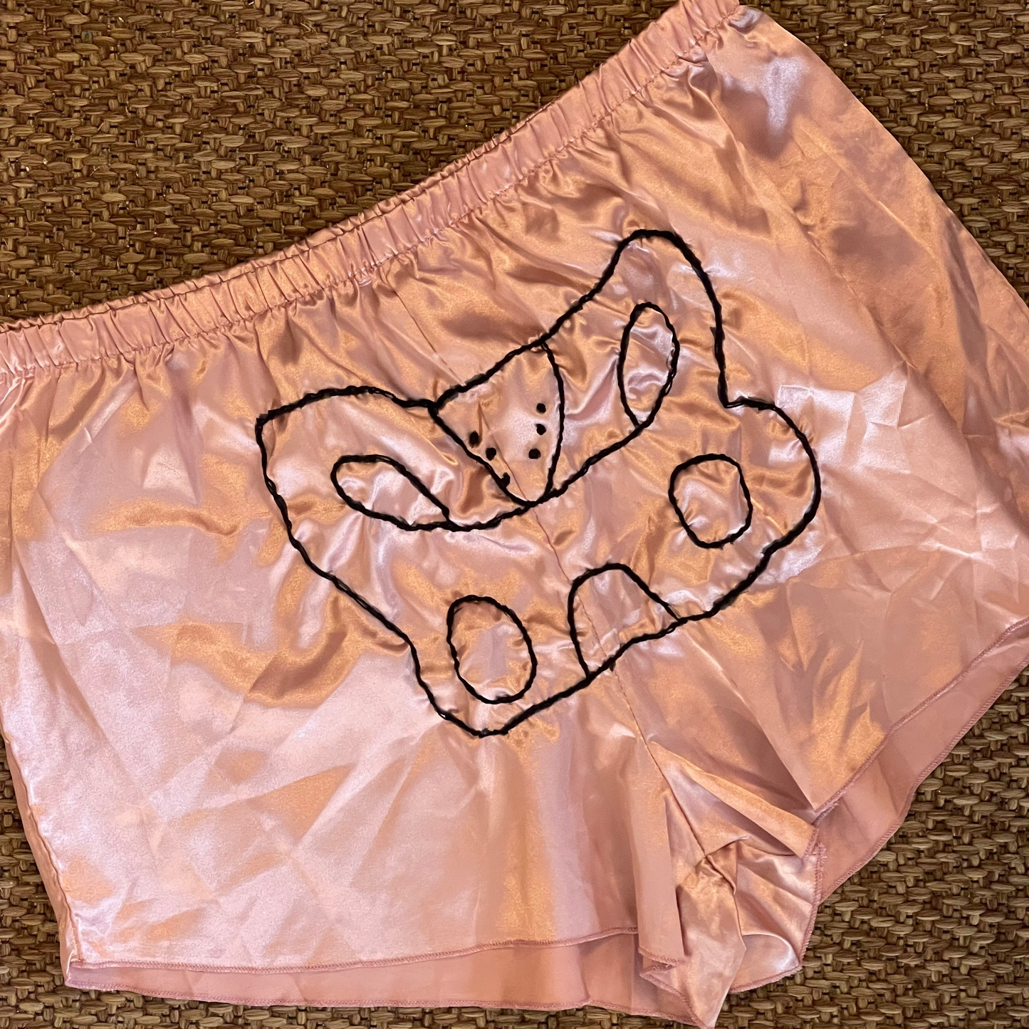 Handembroidered Upcycled Silky Skeleton Pelvis Bone Shorts: L