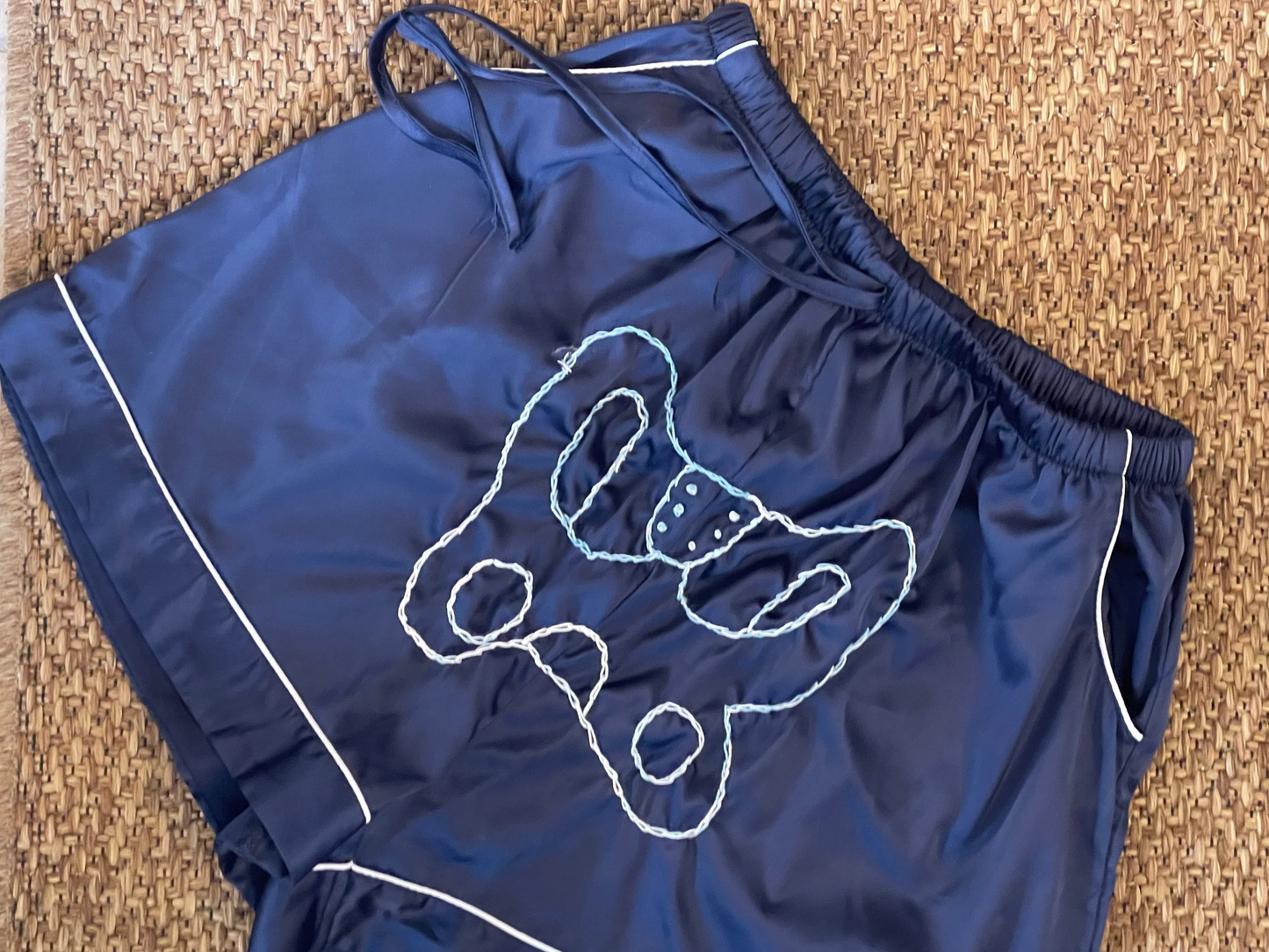 Handembroidered Upcycled Silky Skeleton Pelvis Bone Shorts: M