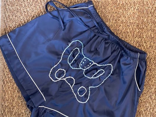 Handembroidered Upcycled Silky Skeleton Pelvis Bone Shorts: M