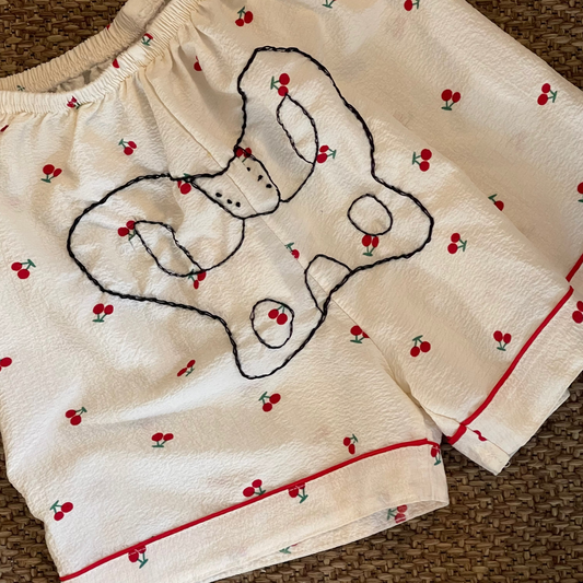 Handembroidered Upcycled Silky Skeleton Pelvis Bone Shorts: S