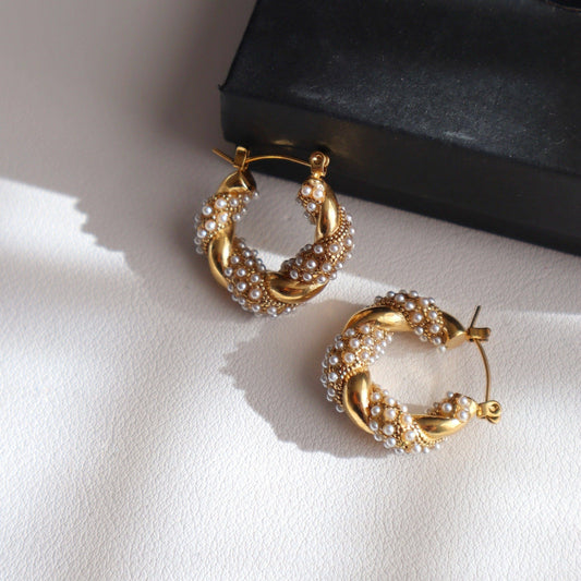 Nellie Hoops | Pearl Gold Twisted Hoops