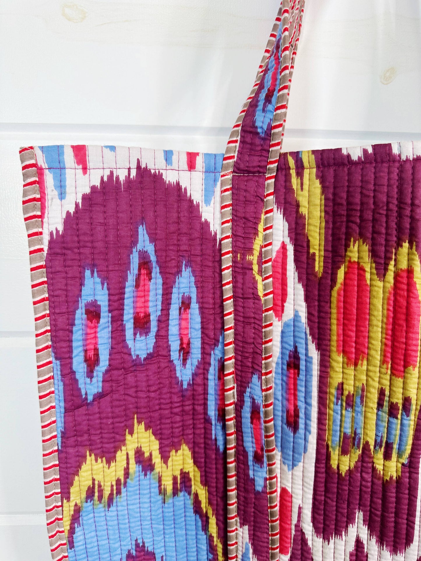 Cotton Quilted Block Print Tote Bag - Plum Ikat Tie Dye