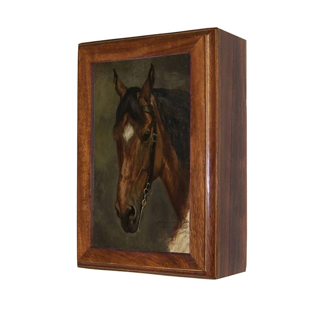 Horse Head Portrait Solid Wood Decorative Trinket Boxes : Wood and glass / Medium
