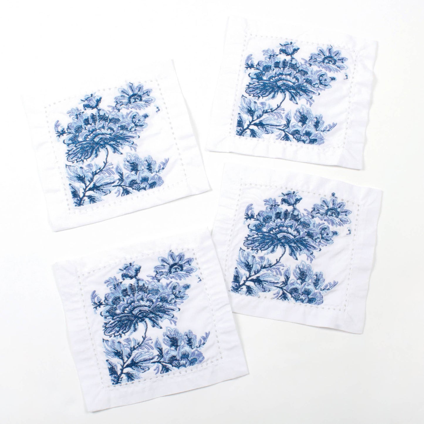 Blue Floral Embroidered Cocktail Napkin Set