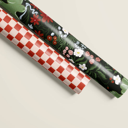 Winter Feathers and Red Checkered Double Sided Gift Wrap | Set of Three Sheets