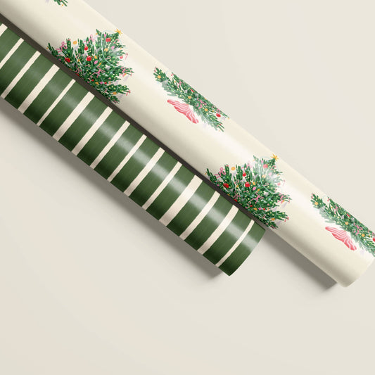 Christmas Tree and Rustic Striped Double Sided Gift Wrap | Set of Three Sheets