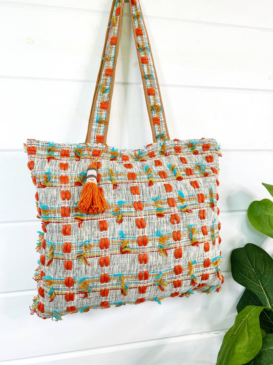 Jaine Embroidered Shag Tapestry Tote Bag