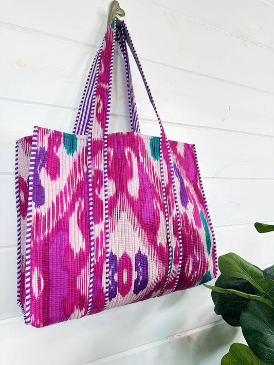 Cotton Quilted Block Print Tote Bag - Purple Ikat Tie Dye