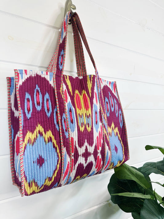 Cotton Quilted Block Print Tote Bag - Plum Ikat Tie Dye