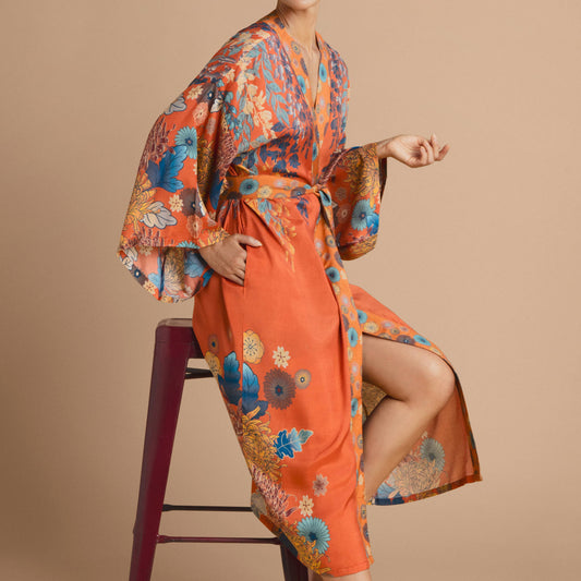 Trailing Wisteria Kimono Gown - Terracotta