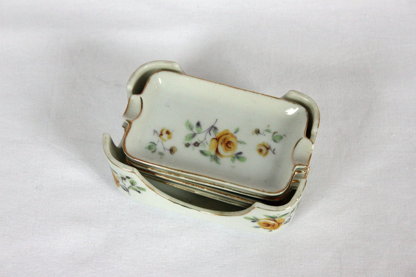 Yellow Rose Porcelain Ashtrays: Set of 4
