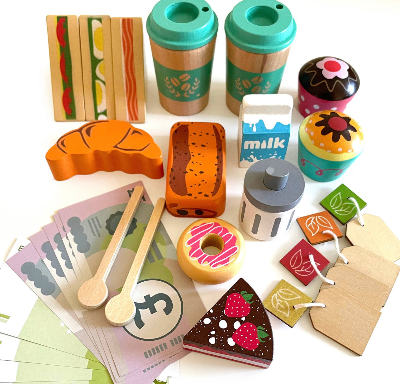 WOODEN TOY CAFE PLAY FOOD SHOP ACCESSORIES SET