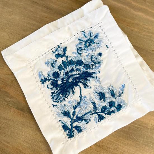 Blue Floral Embroidered Cocktail Napkin Set