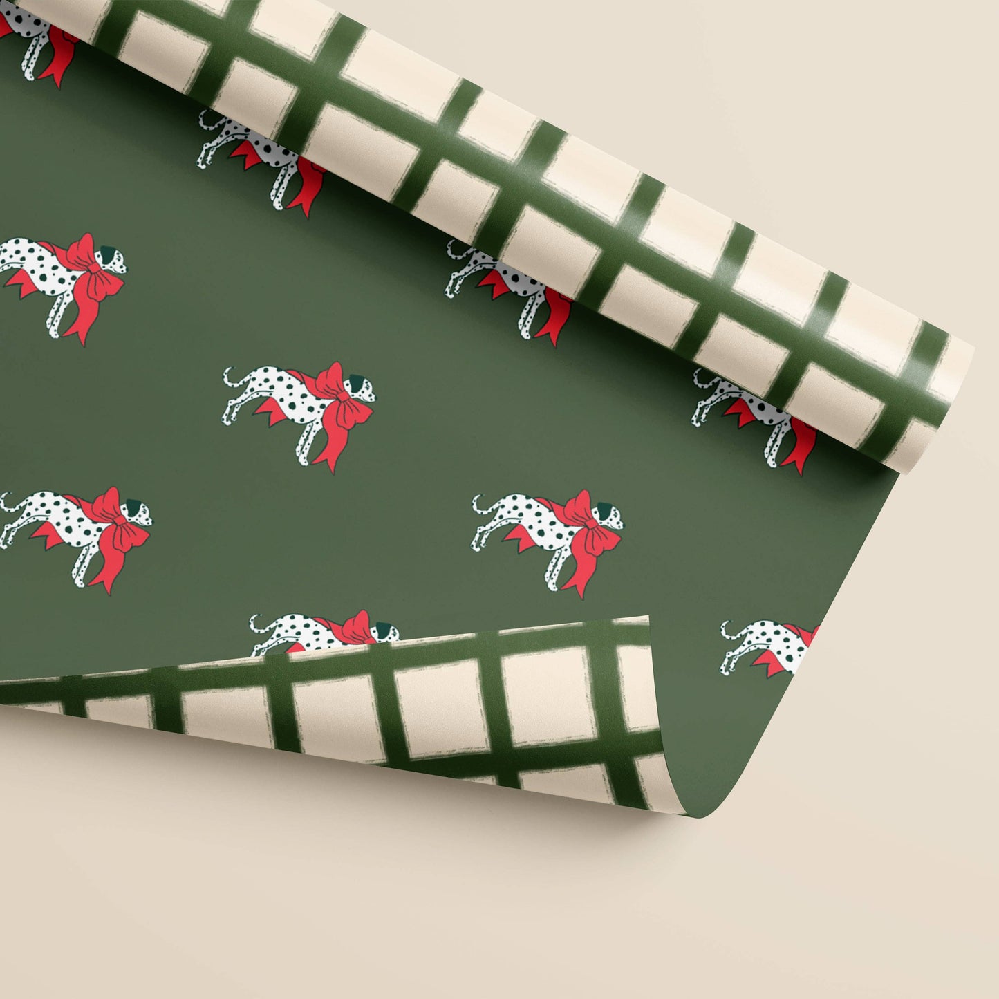 Dalmatian with a Bow and Windowpane Plaid Double Sided Gift Wrap | Set of Three Sheets