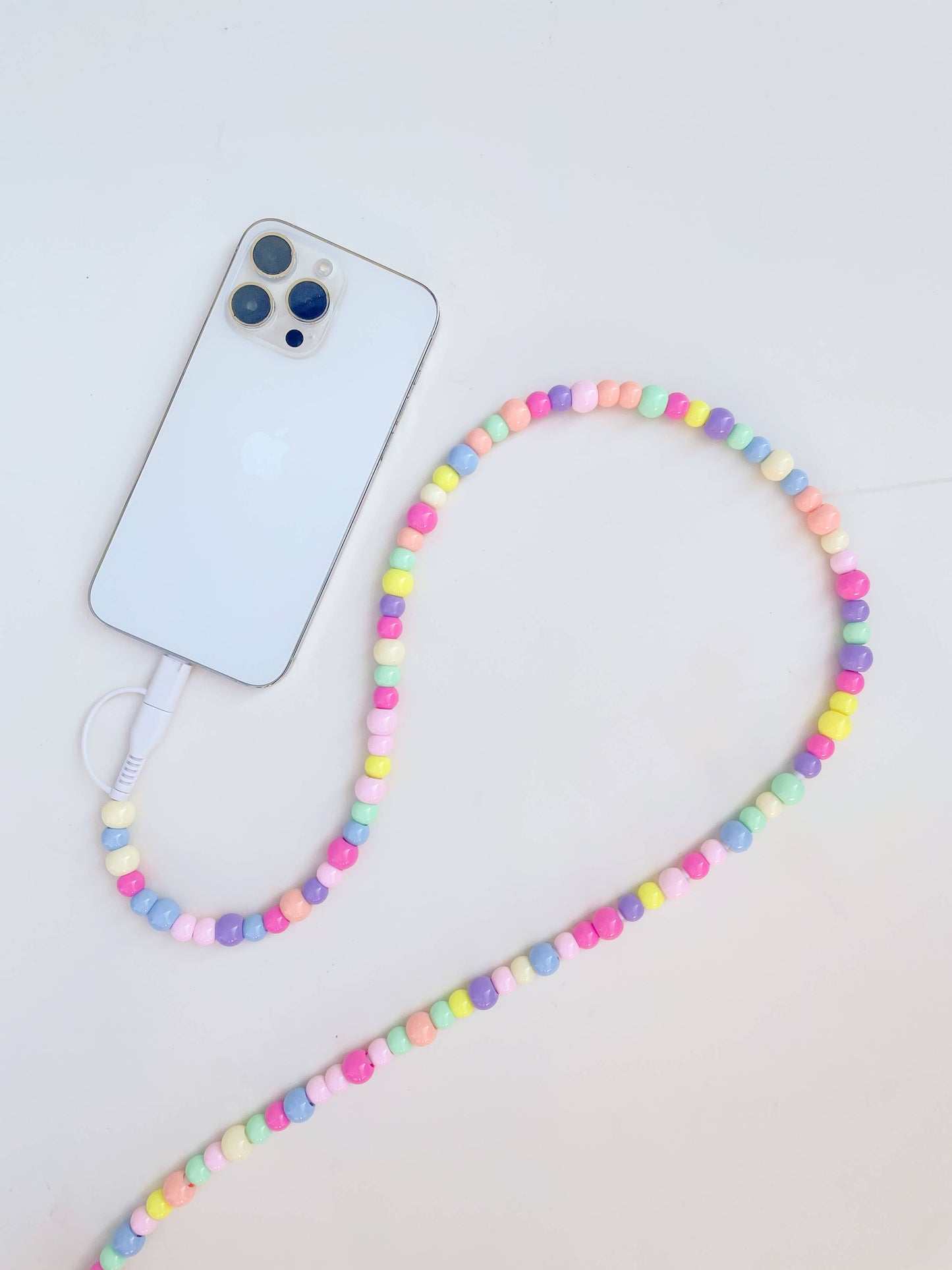 6ft Beaded Phone Charger USB-A & Dual USB-C Lightning Cable: Pastel rainbow