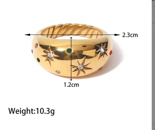 Dome Ring- Galaxy Confetti Ring- Steel 14K Gold Crystals: 8