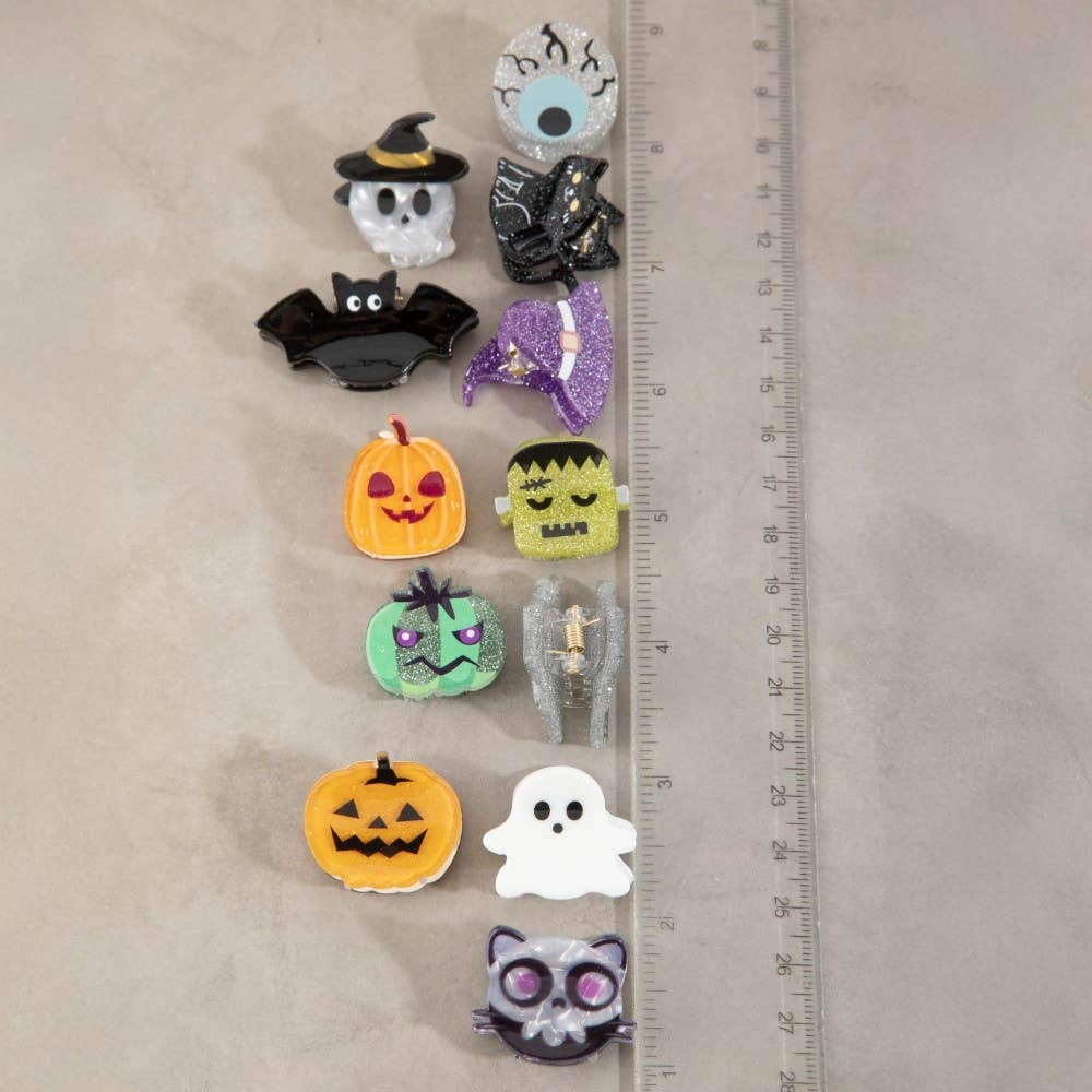 Twelve Piece Assorted Halloween Mini Hair Clips: MULTI
