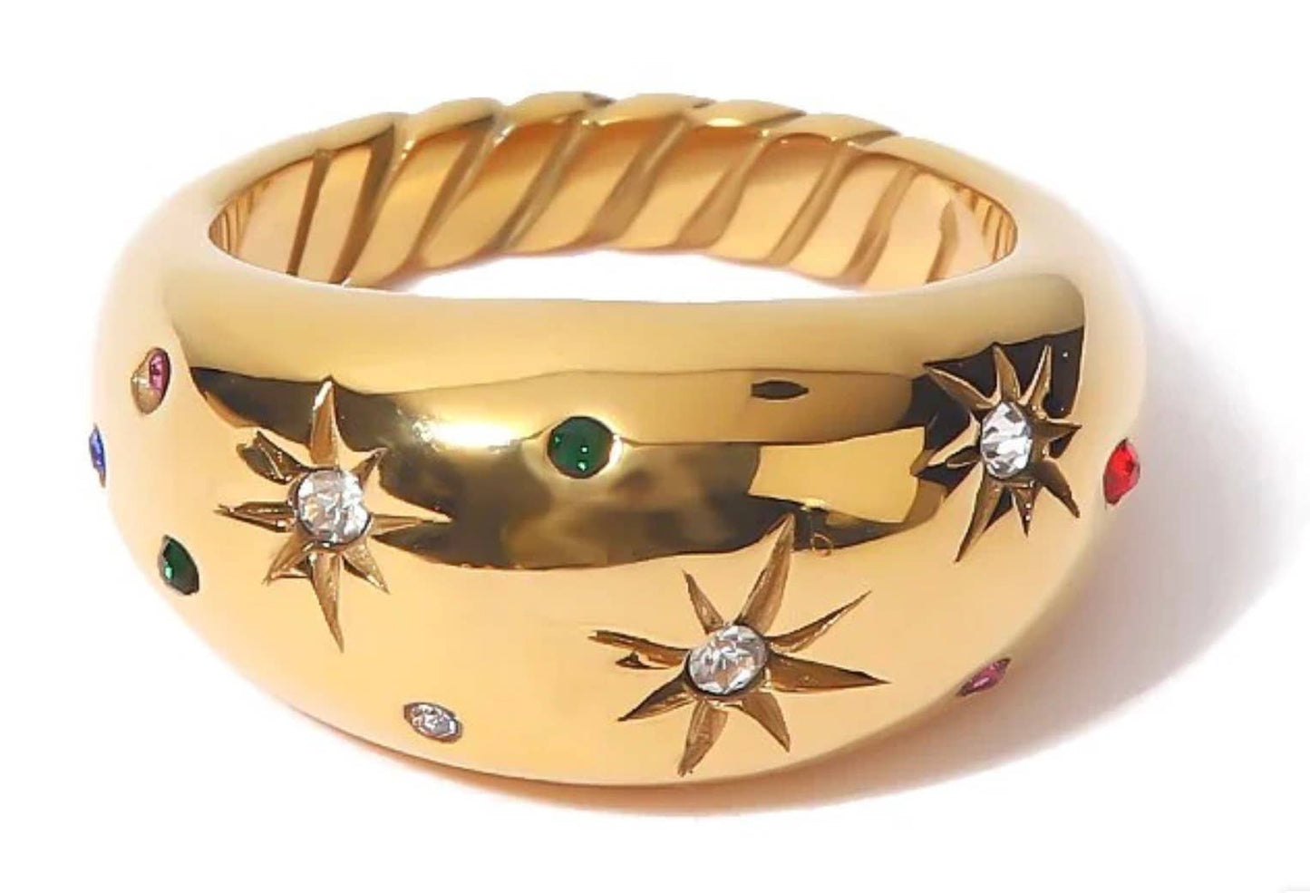 Dome Ring- Galaxy Confetti Ring- Steel 14K Gold Crystals: 8