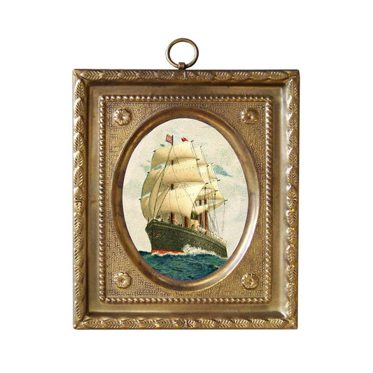 Sailing Ship Vintage Print in Embossed Brass Frame