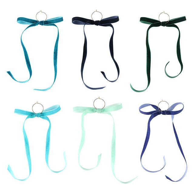 Velvet Bow Wine Charm - Set of 6 - Blue: Velvet / 9" L x 4.5" W