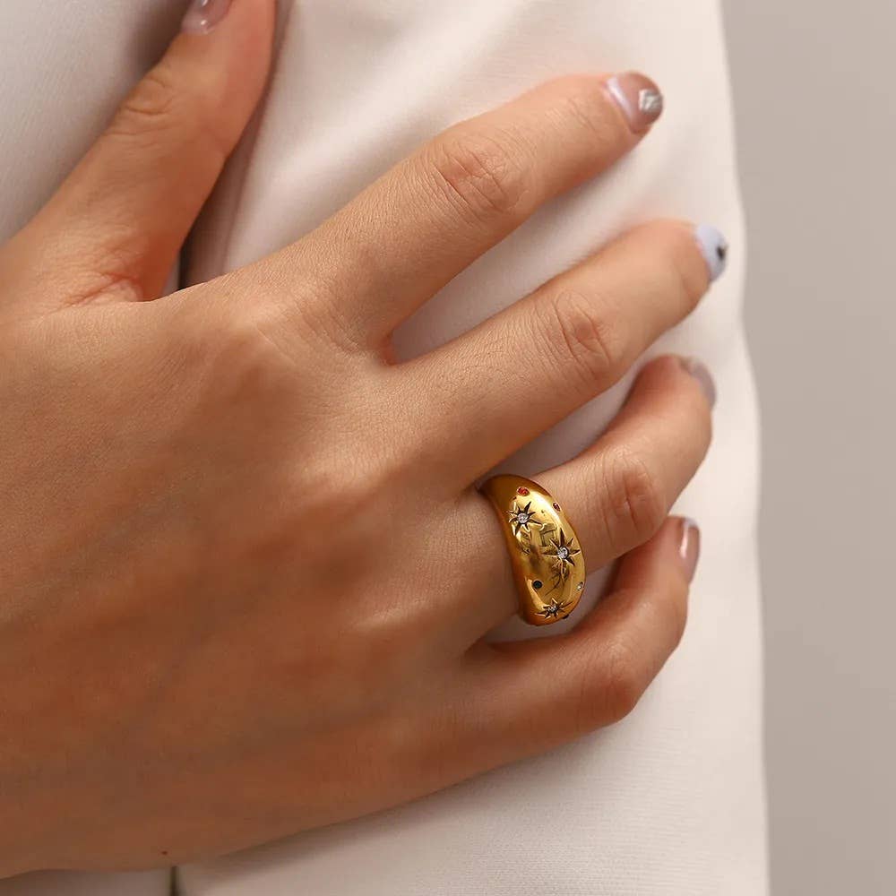 Dome Ring- Galaxy Confetti Ring- Steel 14K Gold Crystals: 8
