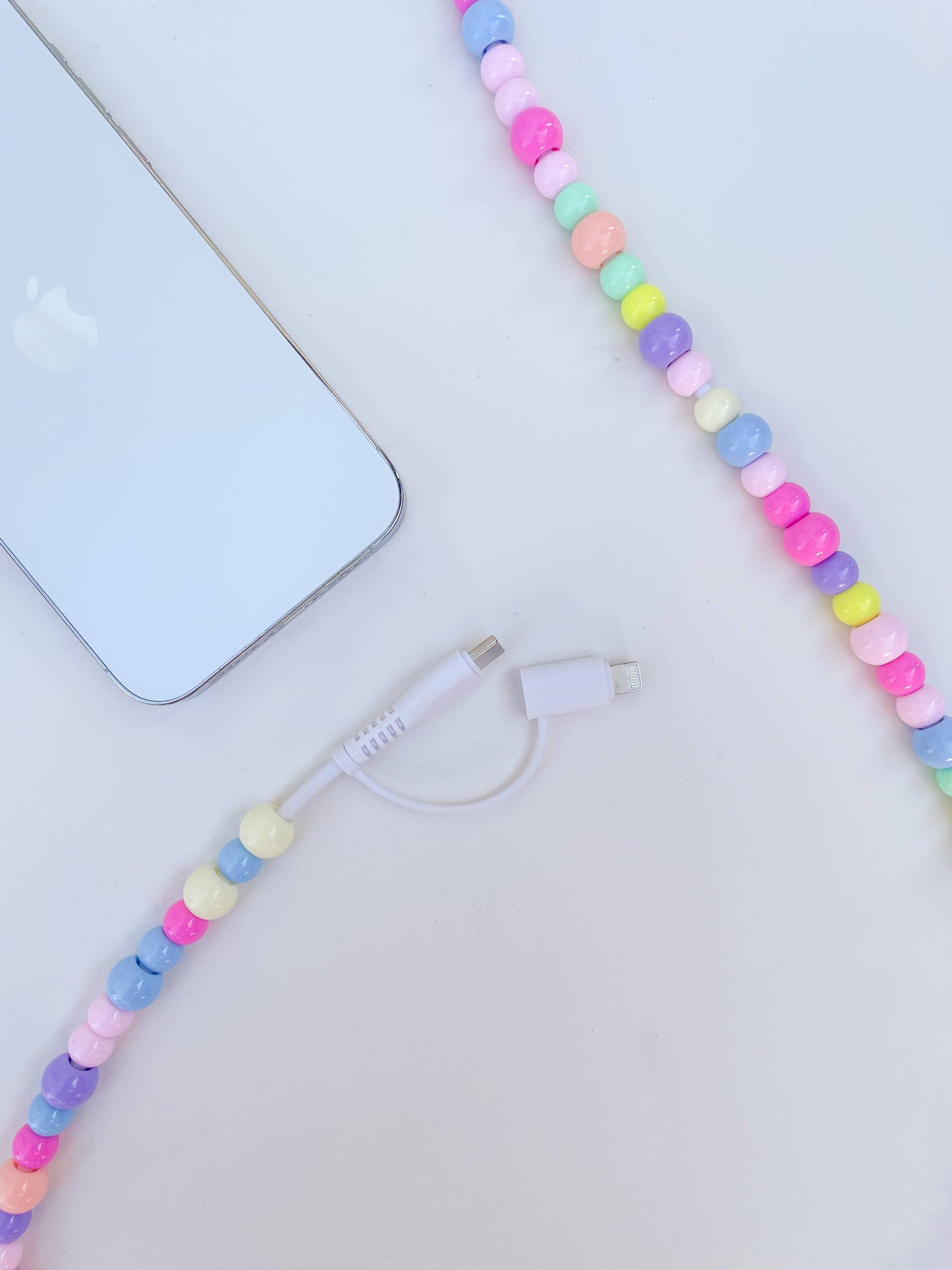 6ft Beaded Phone Charger USB-A & Dual USB-C Lightning Cable: Pastel rainbow