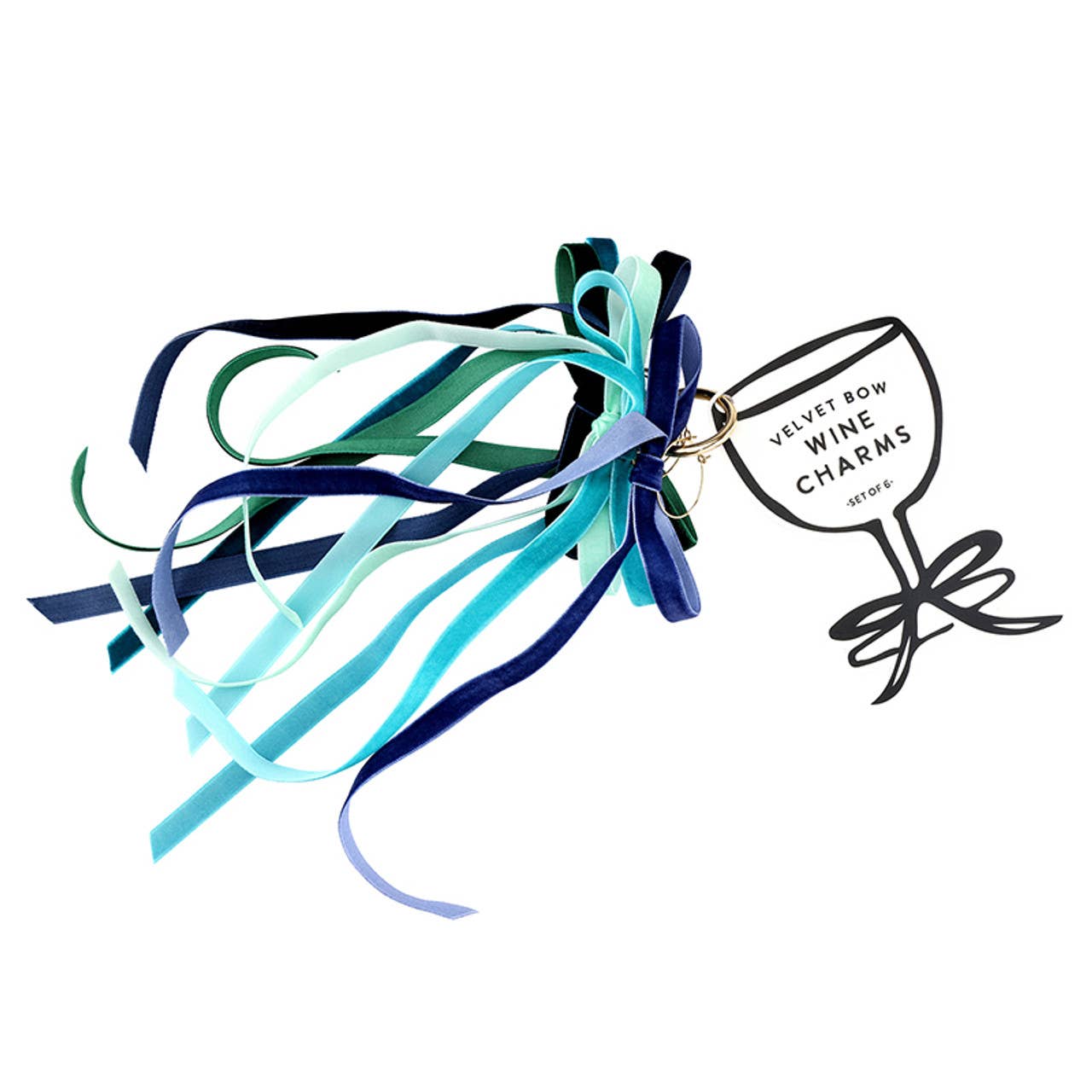 Velvet Bow Wine Charm - Set of 6 - Blue: Velvet / 9" L x 4.5" W