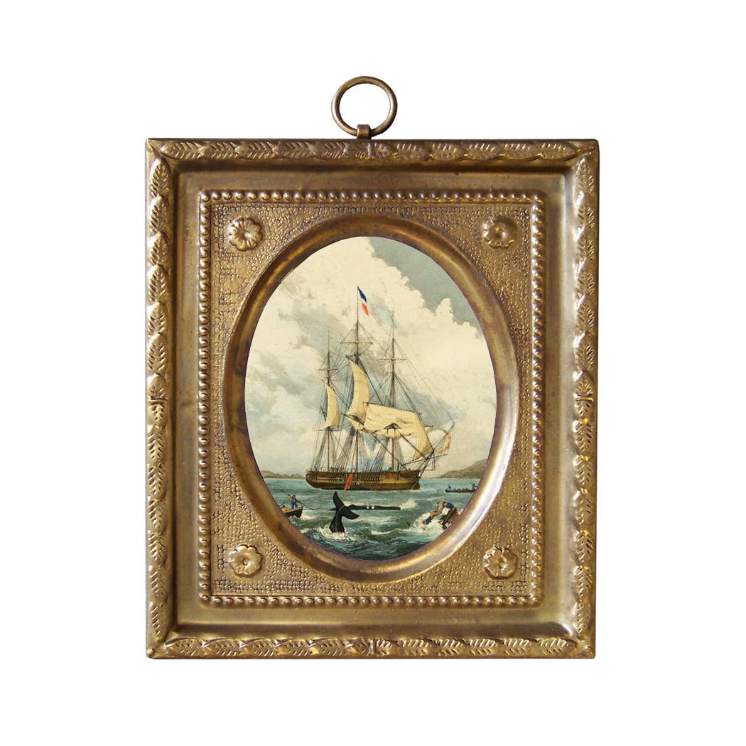 Whaling Ship Vintage Print in Embossed Brass Frame