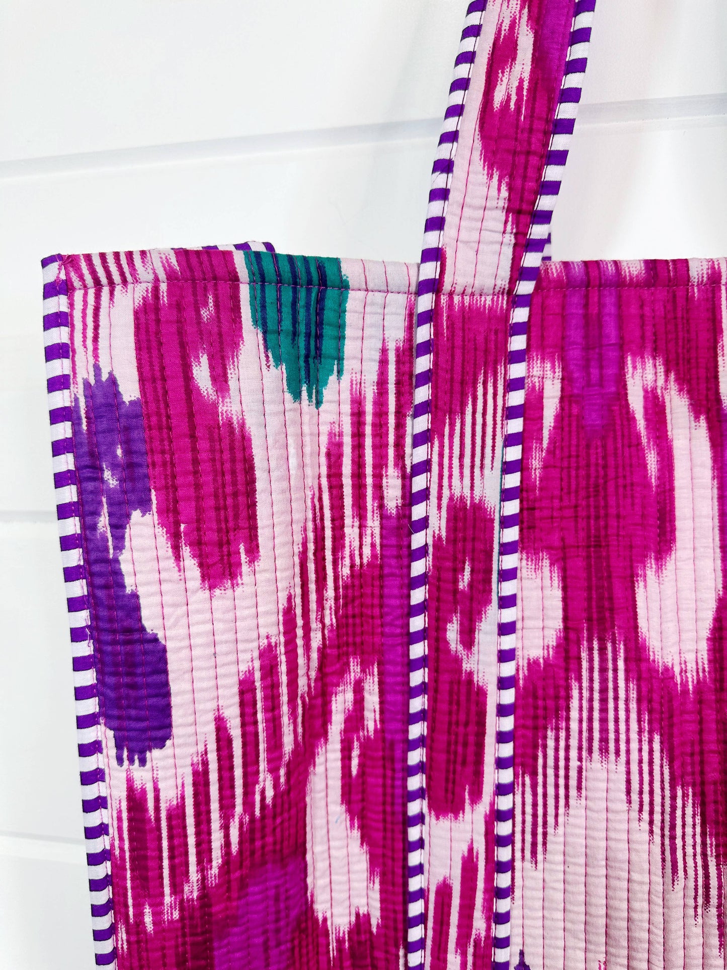 Cotton Quilted Block Print Tote Bag - Purple Ikat Tie Dye