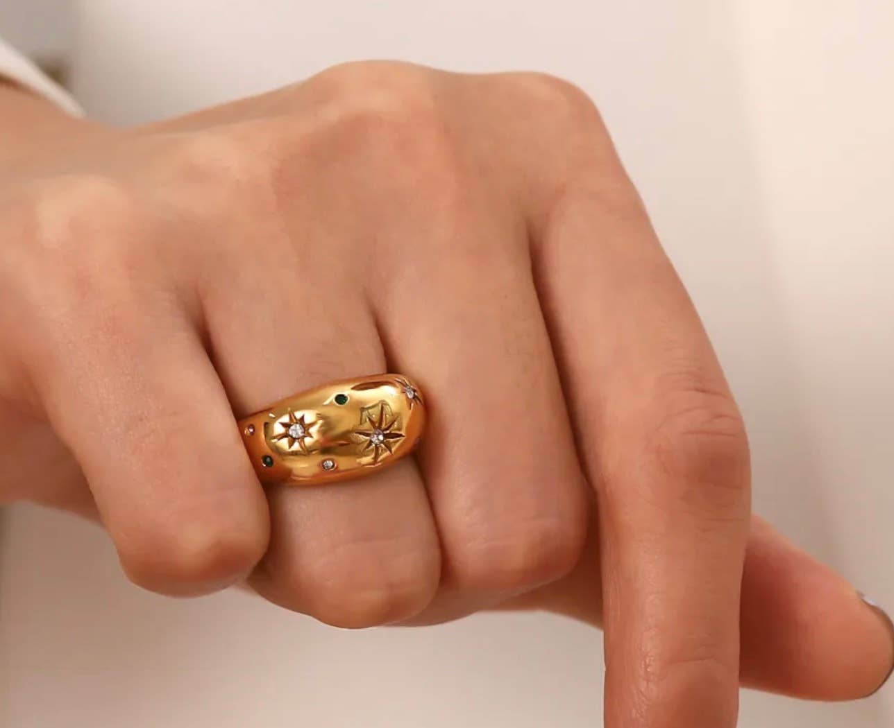 Dome Ring- Galaxy Confetti Ring- Steel 14K Gold Crystals: 8