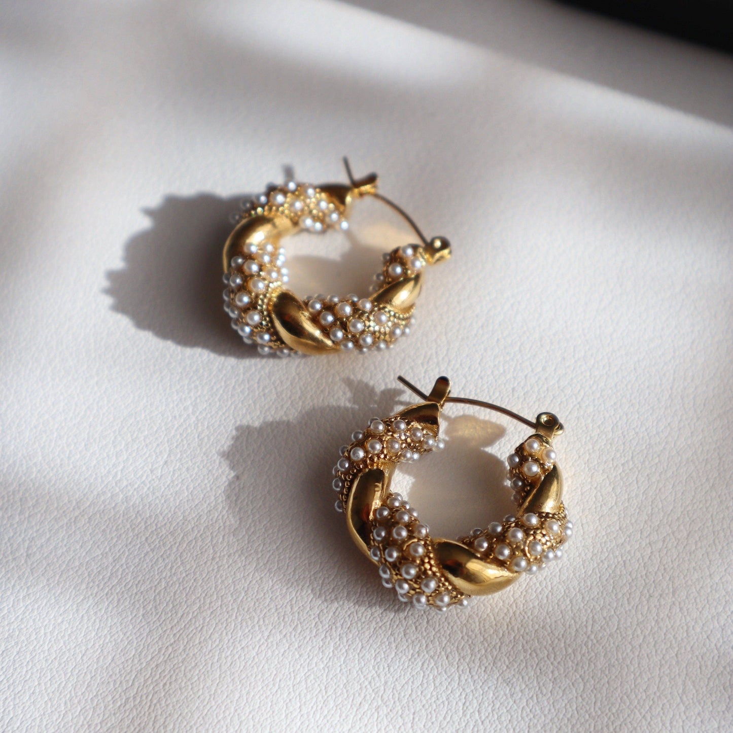 Nellie Hoops | Pearl Gold Twisted Hoops