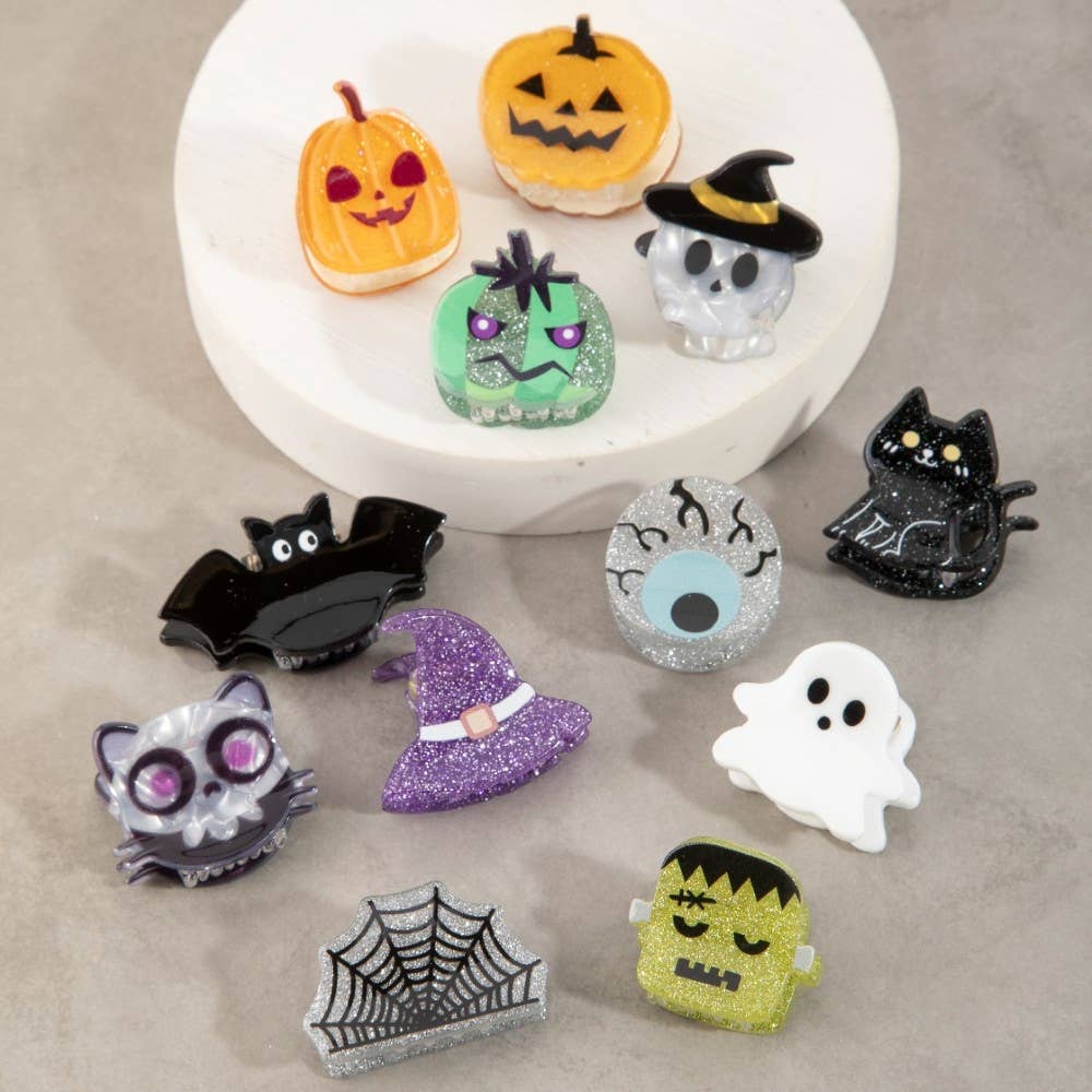 Twelve Piece Assorted Halloween Mini Hair Clips: MULTI