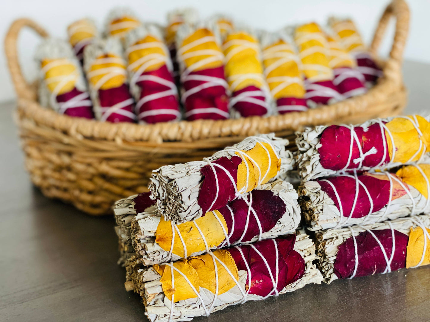 White Sage Smudge Sticks with Dried Rose Petals – Bulk