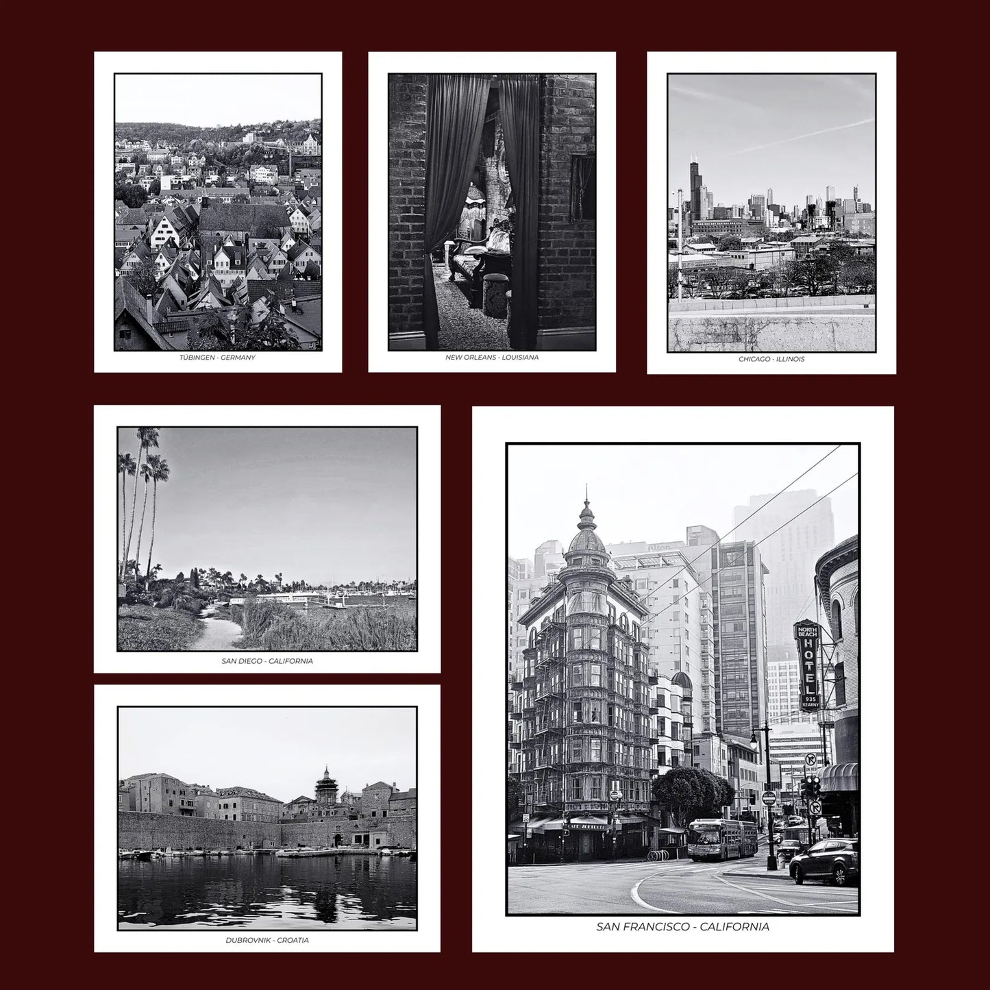 A framed black-and-white collage of six postcards featuring landscape photographs from around the world arranged on a dark red background. The largest print shows a city street scene in San Francisco, with the others showing scenic and architectural views including a harbor, cliffs, and an interior scene with curtains.