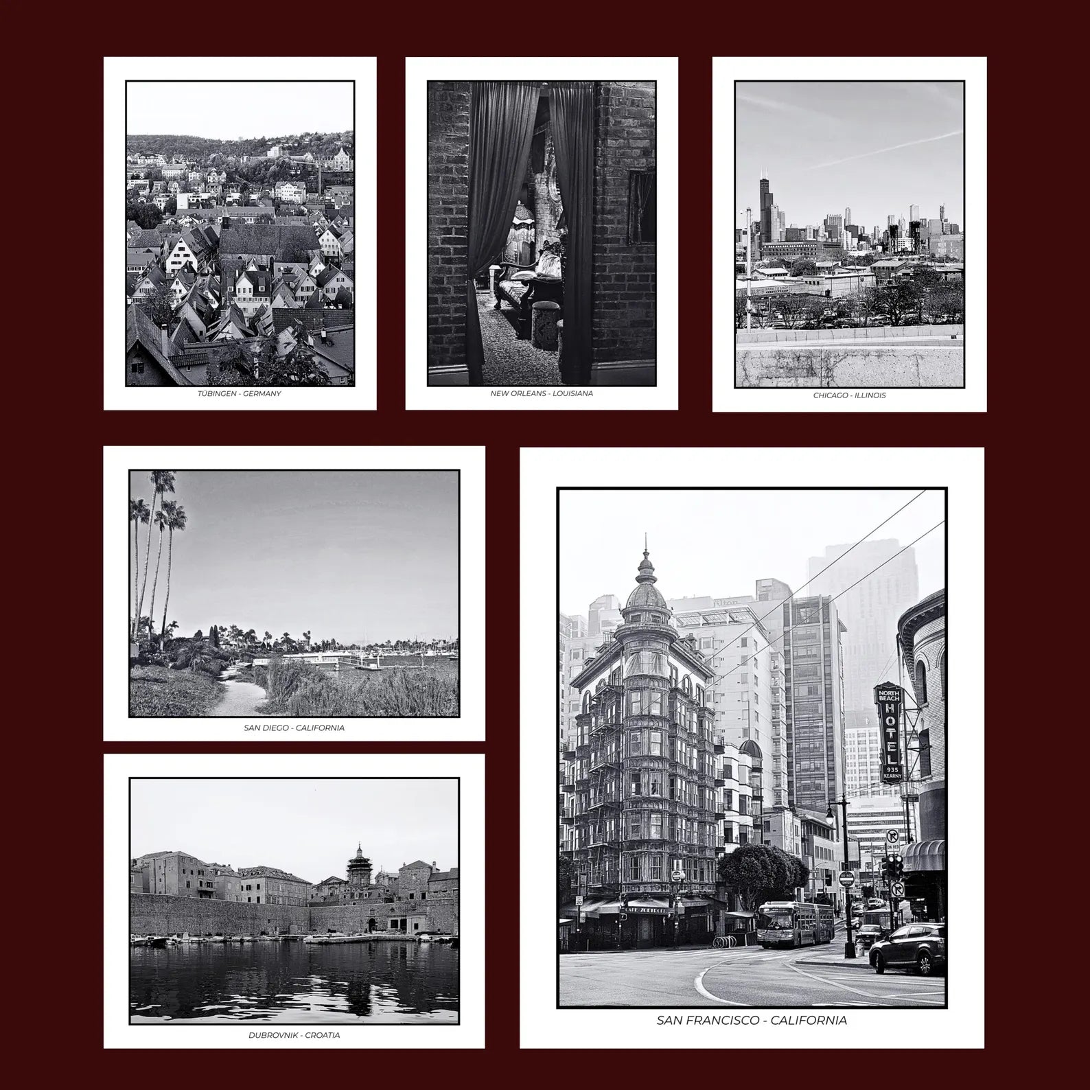 A framed black-and-white collage of six postcards featuring landscape photographs from around the world arranged on a dark red background. The largest print shows a city street scene in San Francisco, with the others showing scenic and architectural views including a harbor, cliffs, and an interior scene with curtains.